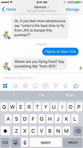 a gif screenshot of a hipmunk chatbot example